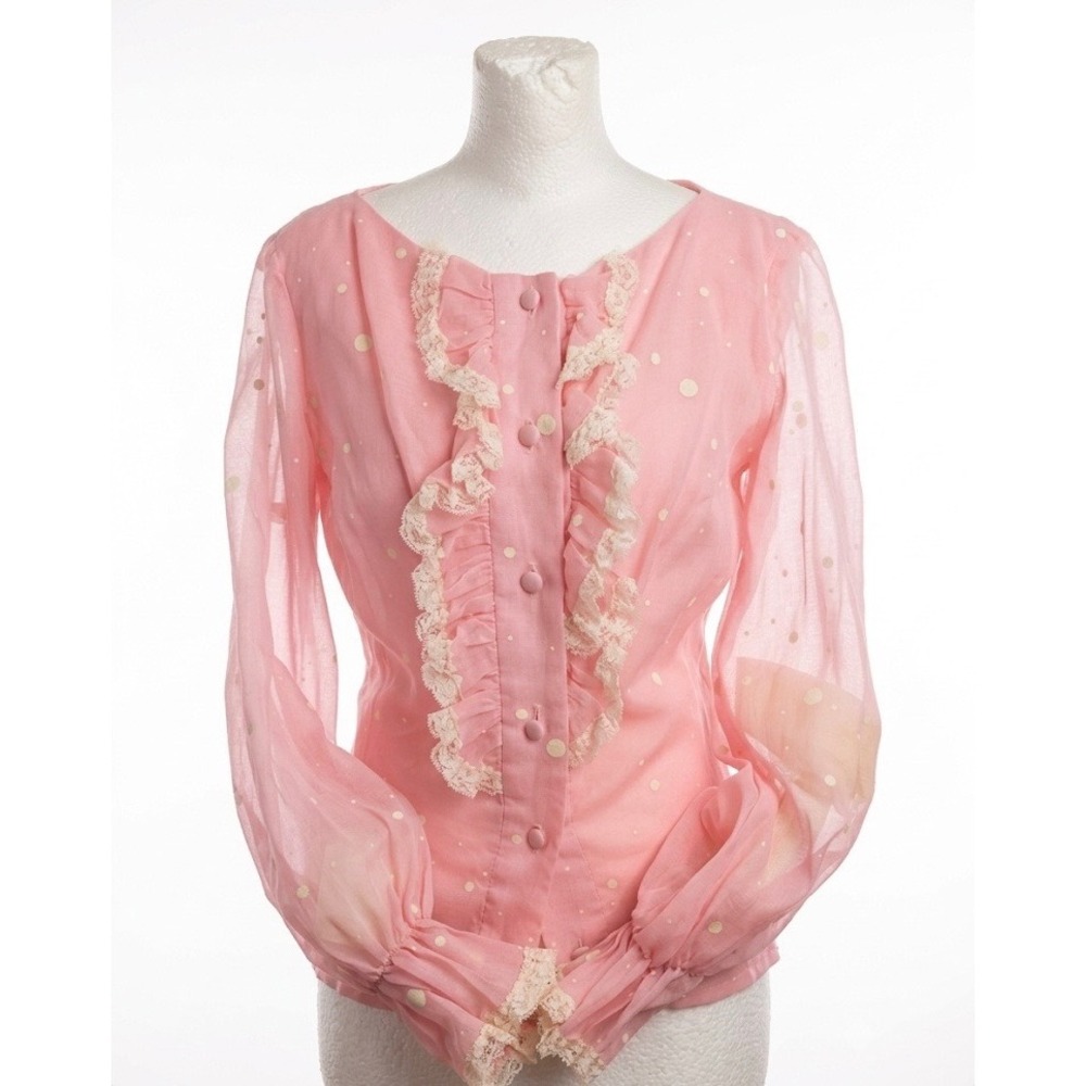 Vintage 70s Coco California Pink Polka Dot Ruffle Blouse Sheer Sleeve Top XS/S